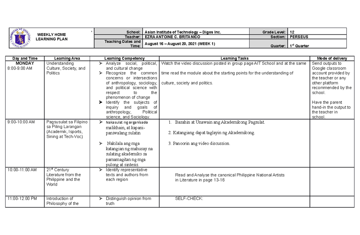 Weekly Home Learning Plan In English 101 - , Weekly Home Learning Plan 