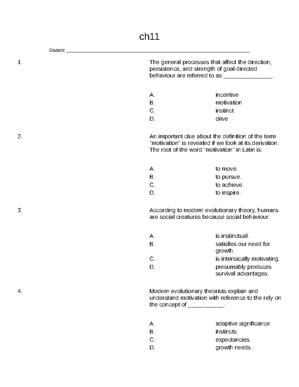 Psych 1000 - Chapter 11 Test Bank - 2020 - Ch _Student: - Studocu