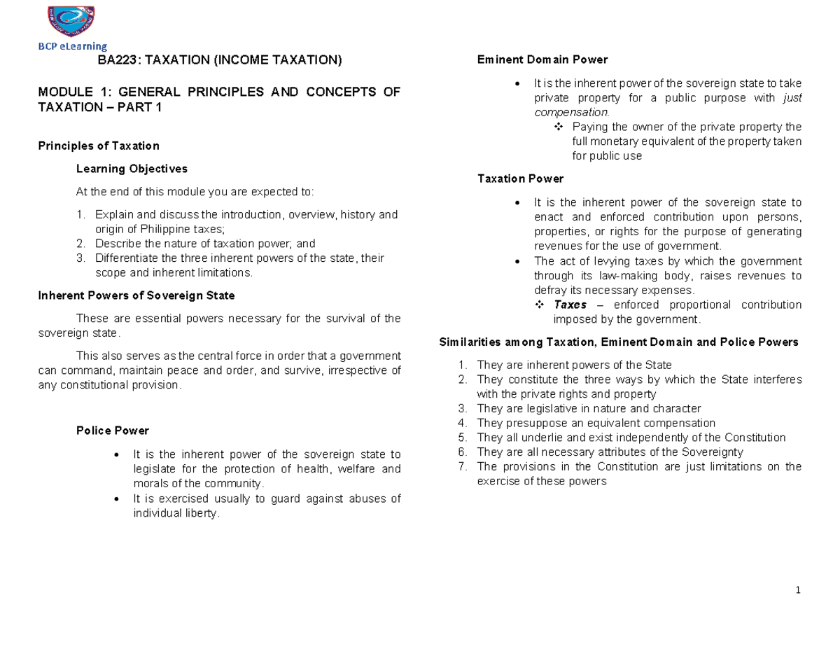 Module 1 - Hope U Learn - BA223: TAXATION (INCOME TAXATION) MODULE 1 ...