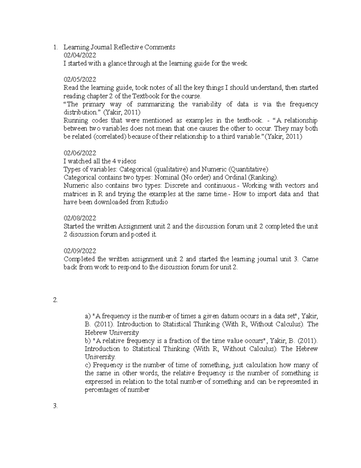 Learning Journal unit 2 - Learning Journal Reflective Comments 02/04/ I ...