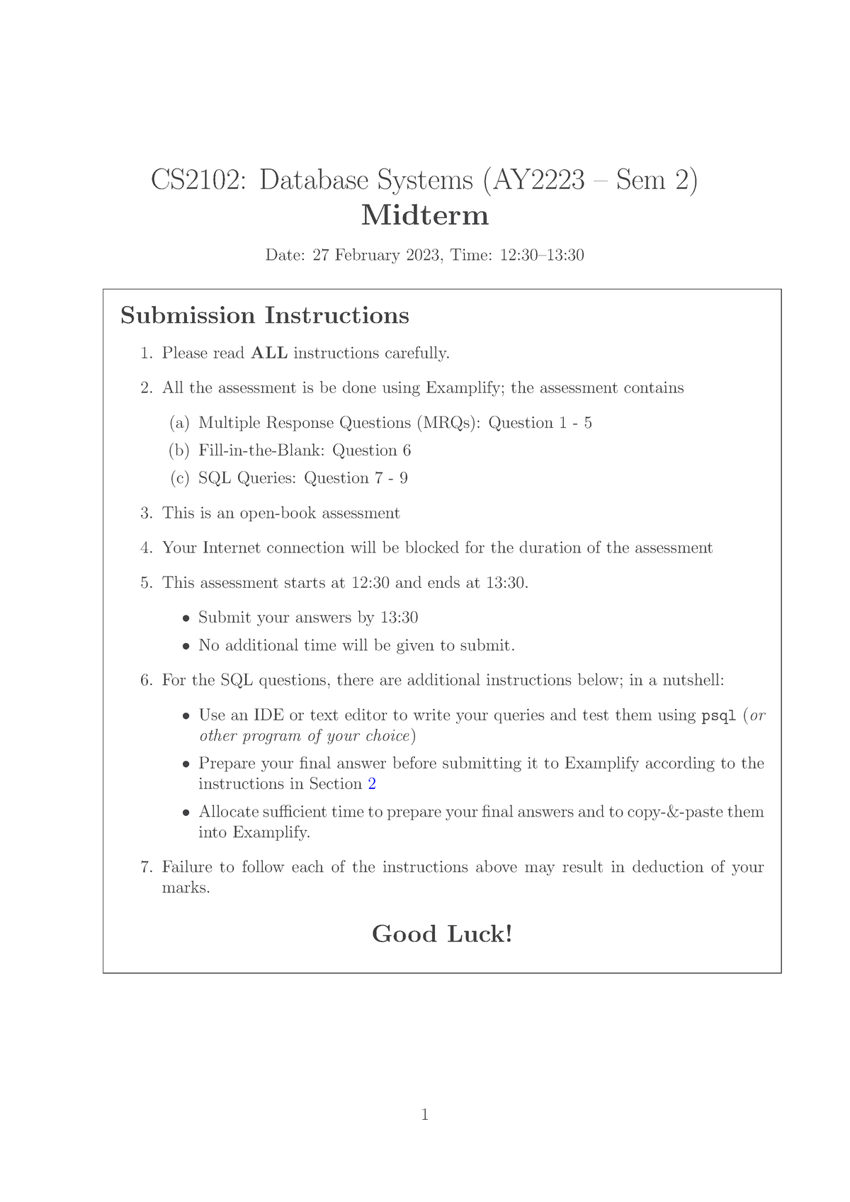 CS2102 2220 Midterm Solutions - CS2102: Database Systems (AY2223 – Sem ...