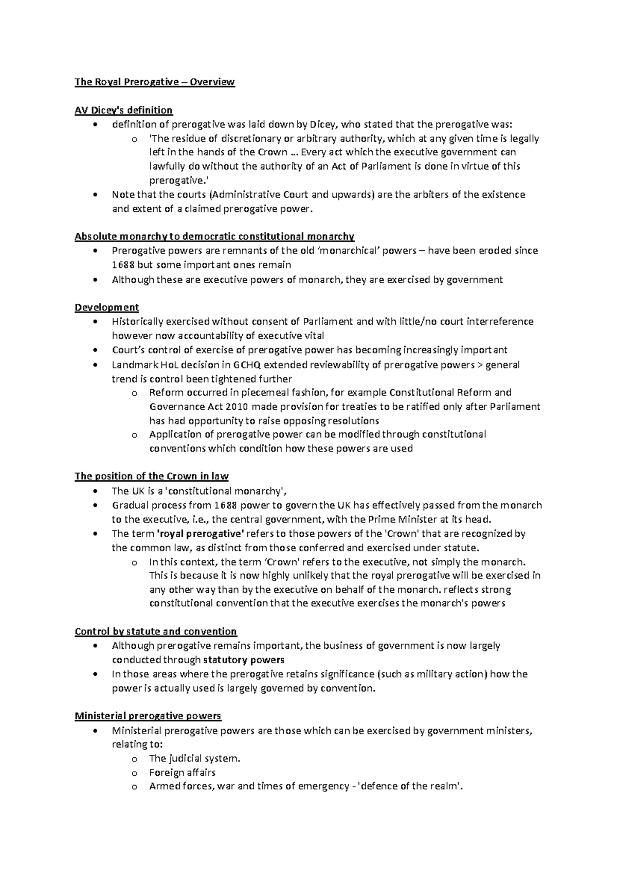 The Royal Prerogative crib sheet The Royal Prerogative Overview