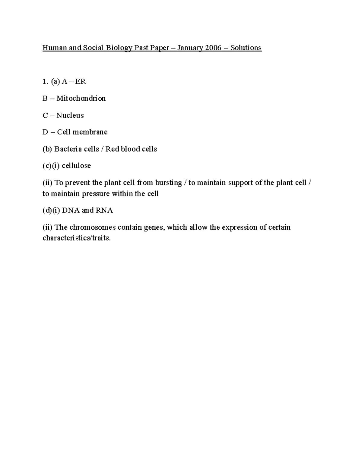 HSB January 2006 P2 Solutions - Human and Social Biology Past Paper ...