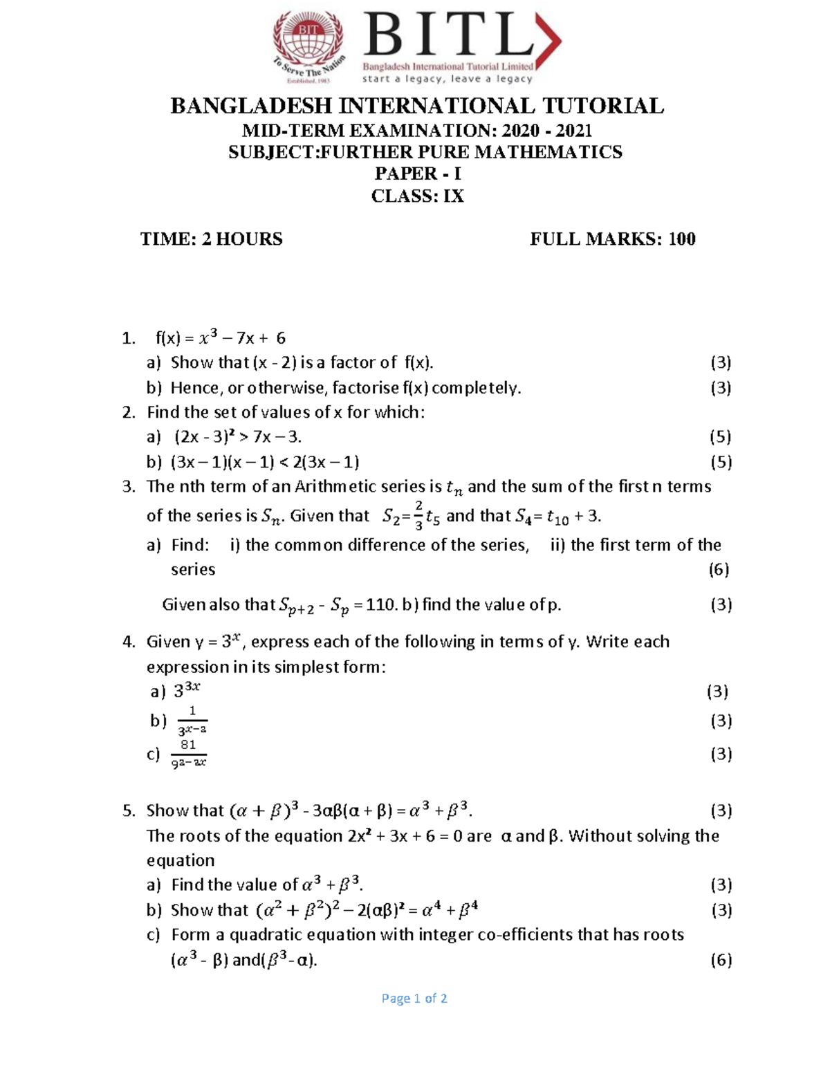 class-ix-further-pure-maths-paper-1-page-1-of-2-f-x-2-7x-6-a