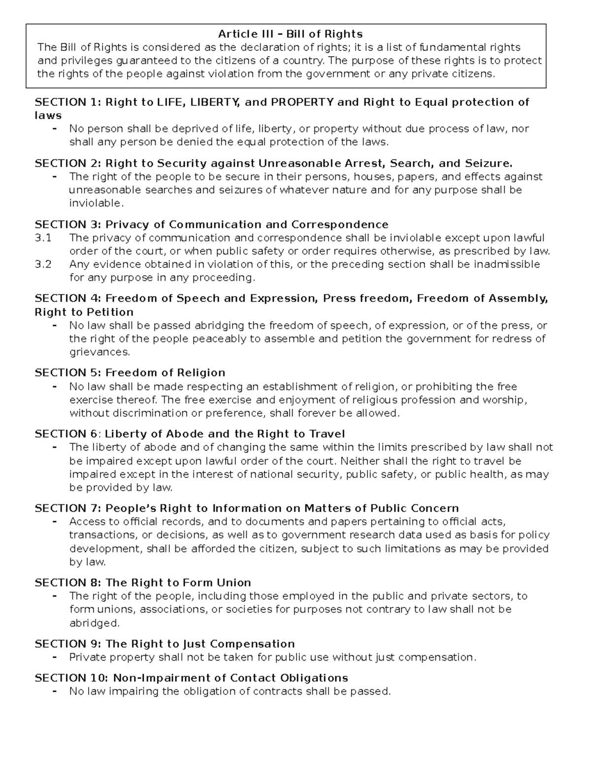 Unit 2 Article Iii Bill Of Rights Section 1 Right To Life Liberty And Property And Right To 9345