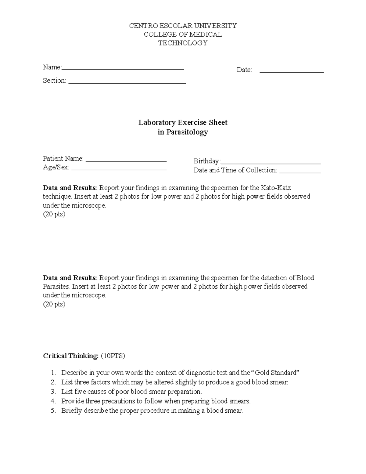 Para Lab Sheet Blood smear - CENTRO ESCOLAR UNIVERSITY COLLEGE OF ...