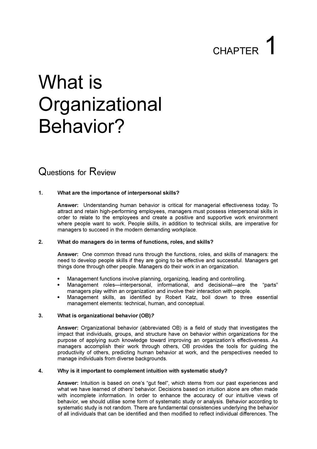 Ch01 Midterm Review - Chapter 1 What Is Organizational Behavior? Questions  For Review What Are The - Studocu