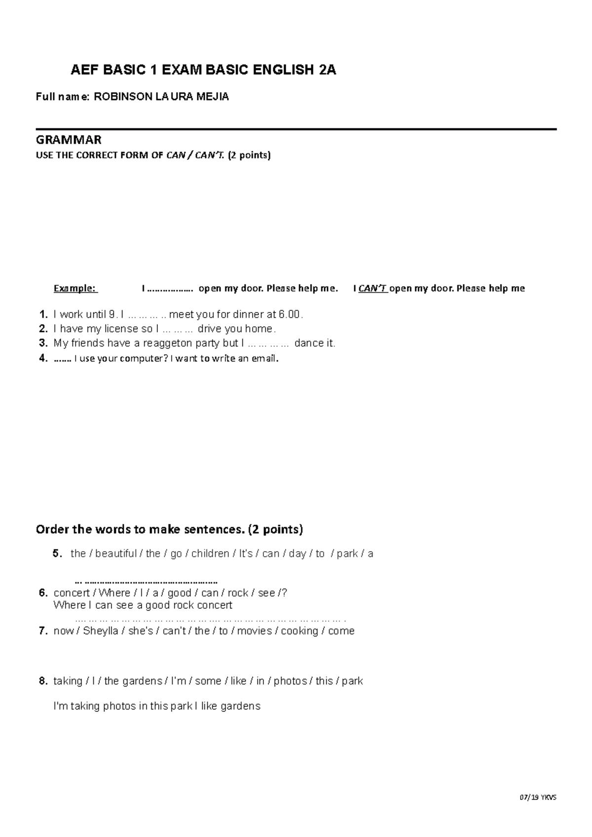 English 2EXAM1 pdf - AEF BASIC 1 EXAM BASIC ENGLISH 2A Full name ...