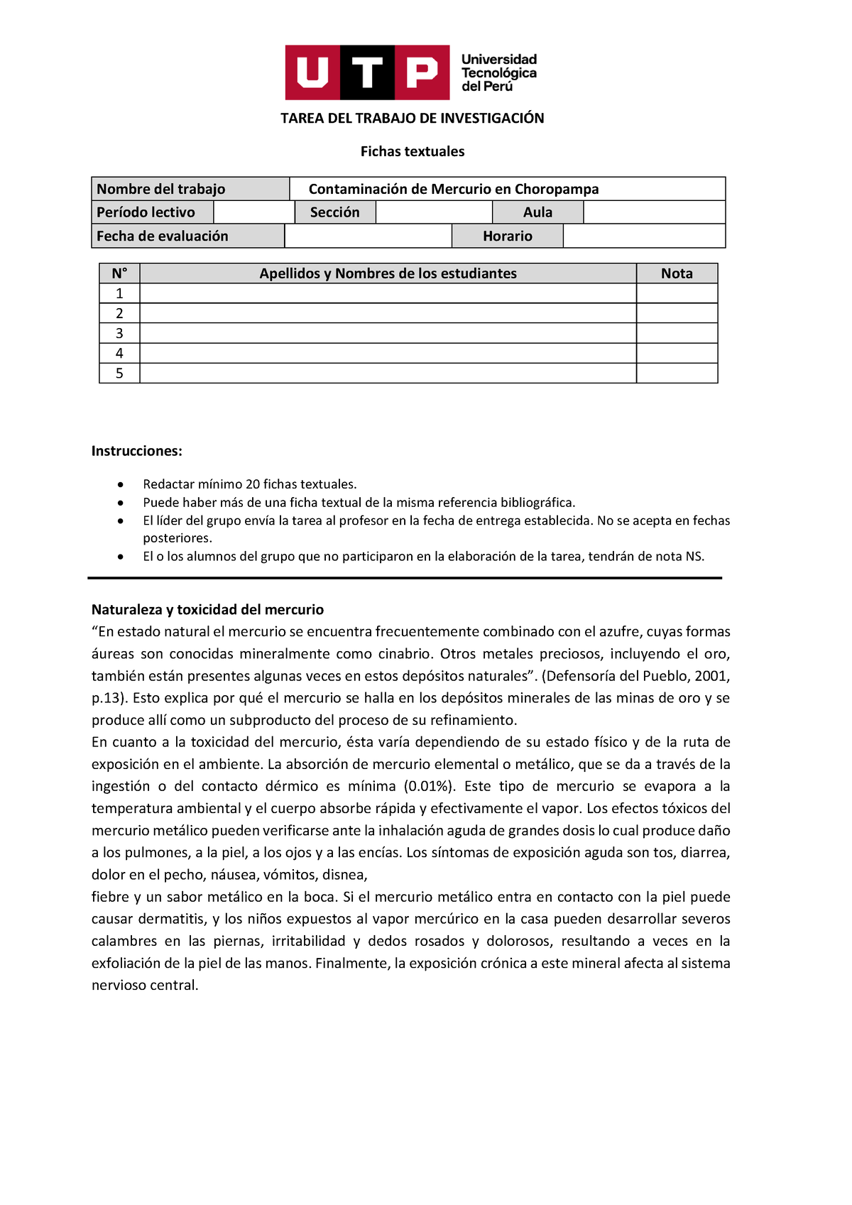 Ejemplo Fichas Textuales - TAREA DEL TRABAJO DE INVESTIGACI”N Fichas ...