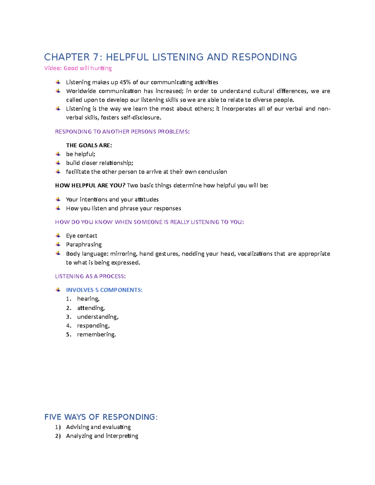 AHSC 230 Class Notes Chapter 7 - CHAPTER 7: HELPFUL LISTENING AND ...