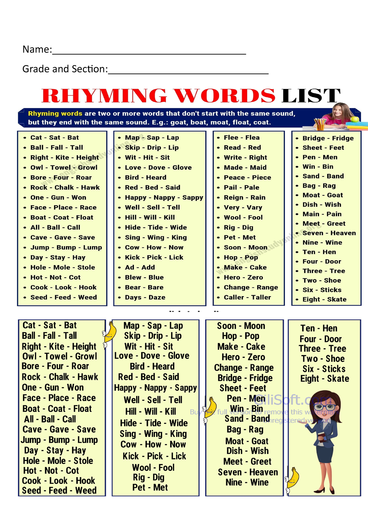 Rhyming words list - English - Practical Research 1 - Name