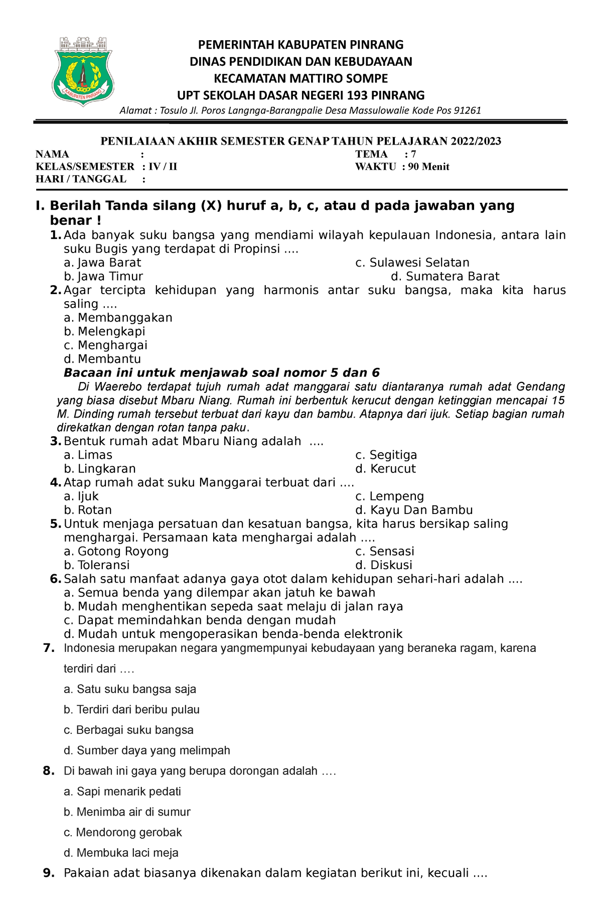 SOAL TEMA 7 Kelas 4 - Soal - PEMERINTAH KABUPATEN PINRANG DINAS ...