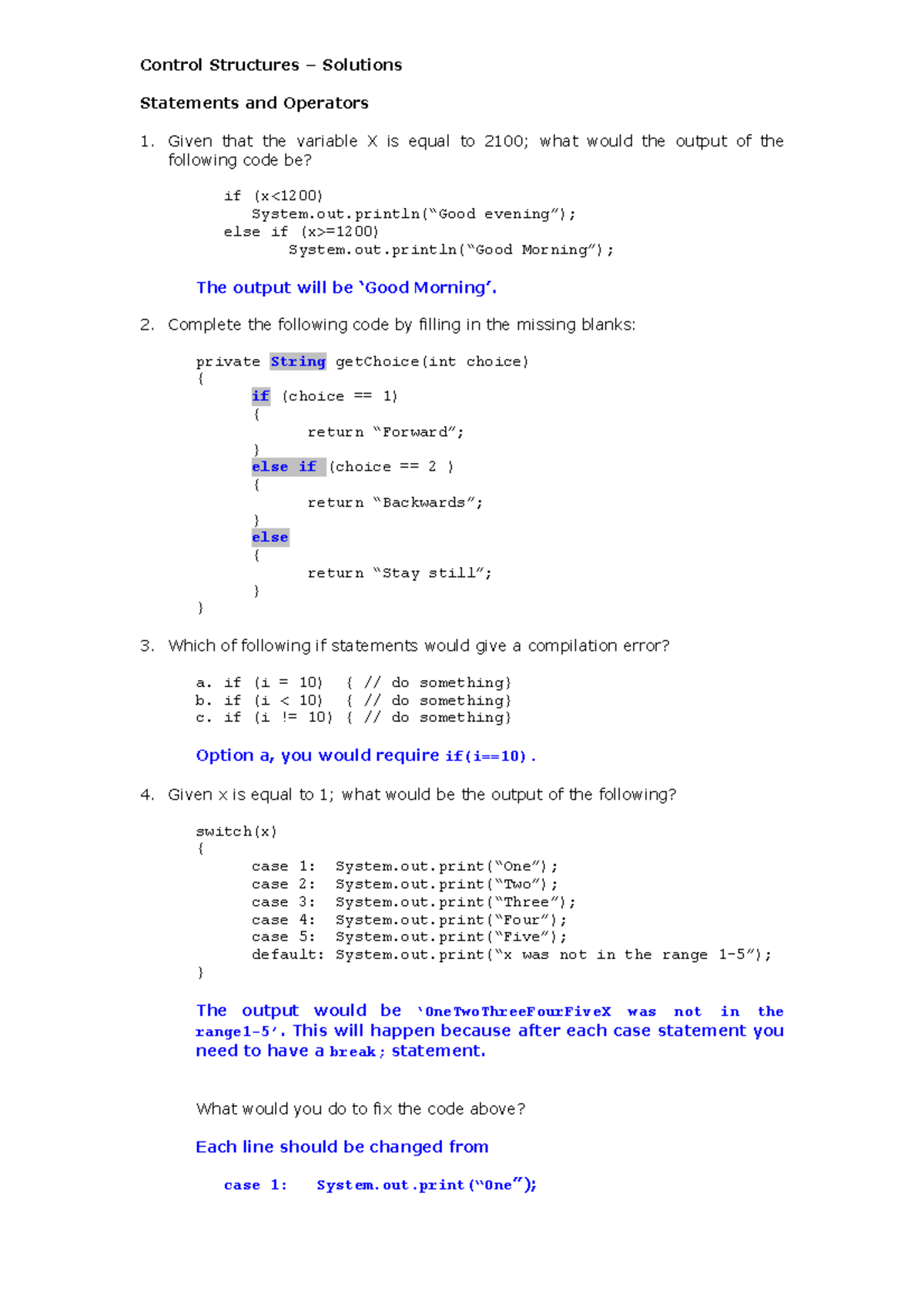 Sample/practice Exam 2015, Questions And Answers - Control Structures ...