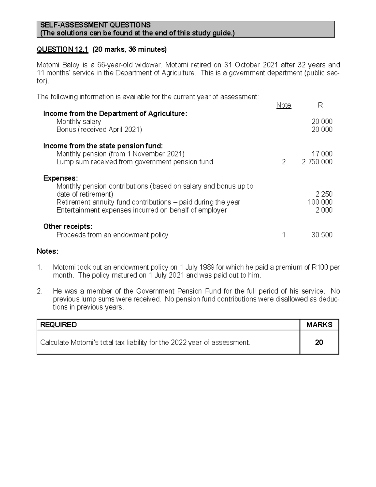 Practical questions Lump sum benefits SELFASSESSMENT QUESTIONS