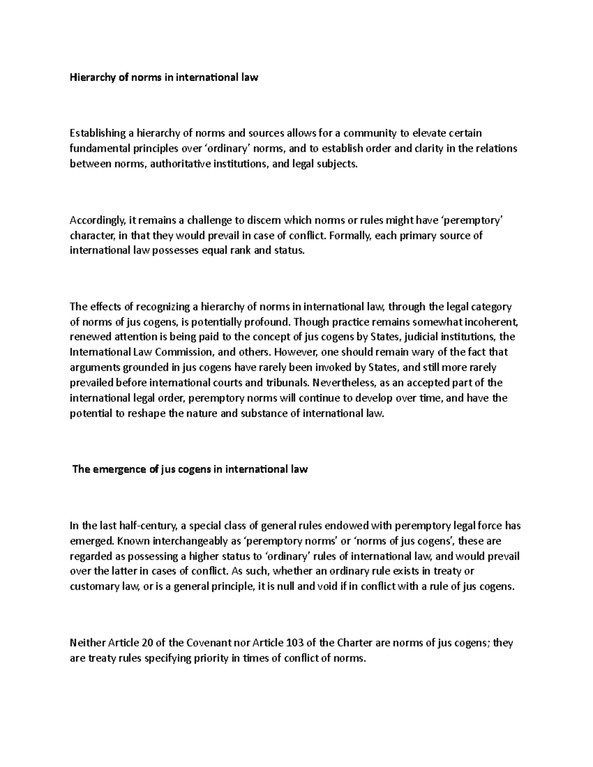 The emergence of jus cogens in international law Hierarchy of norms