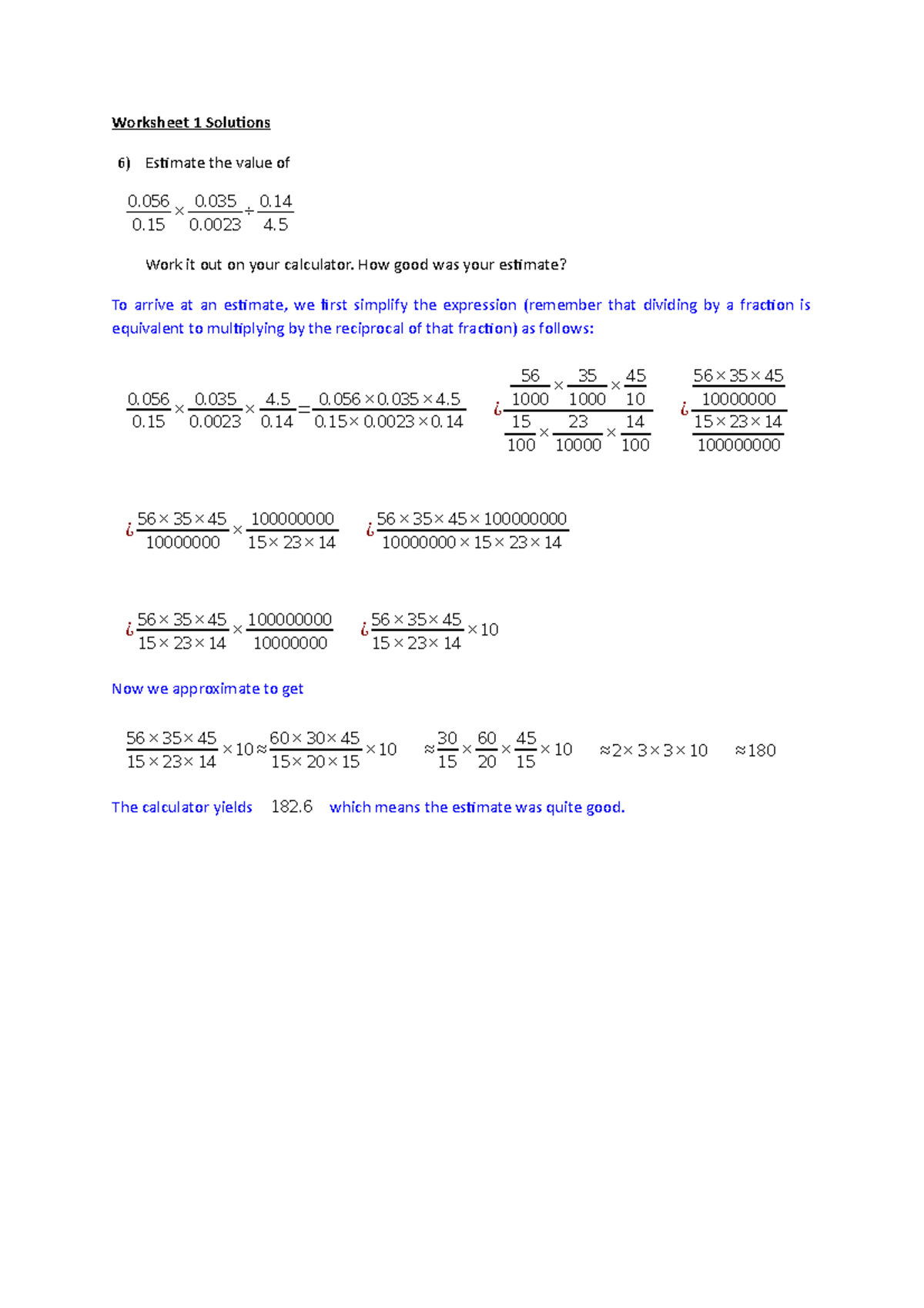 Worksheet 1 Solutions - Worksheet 1 Solutions 6) Estimate the value of ...