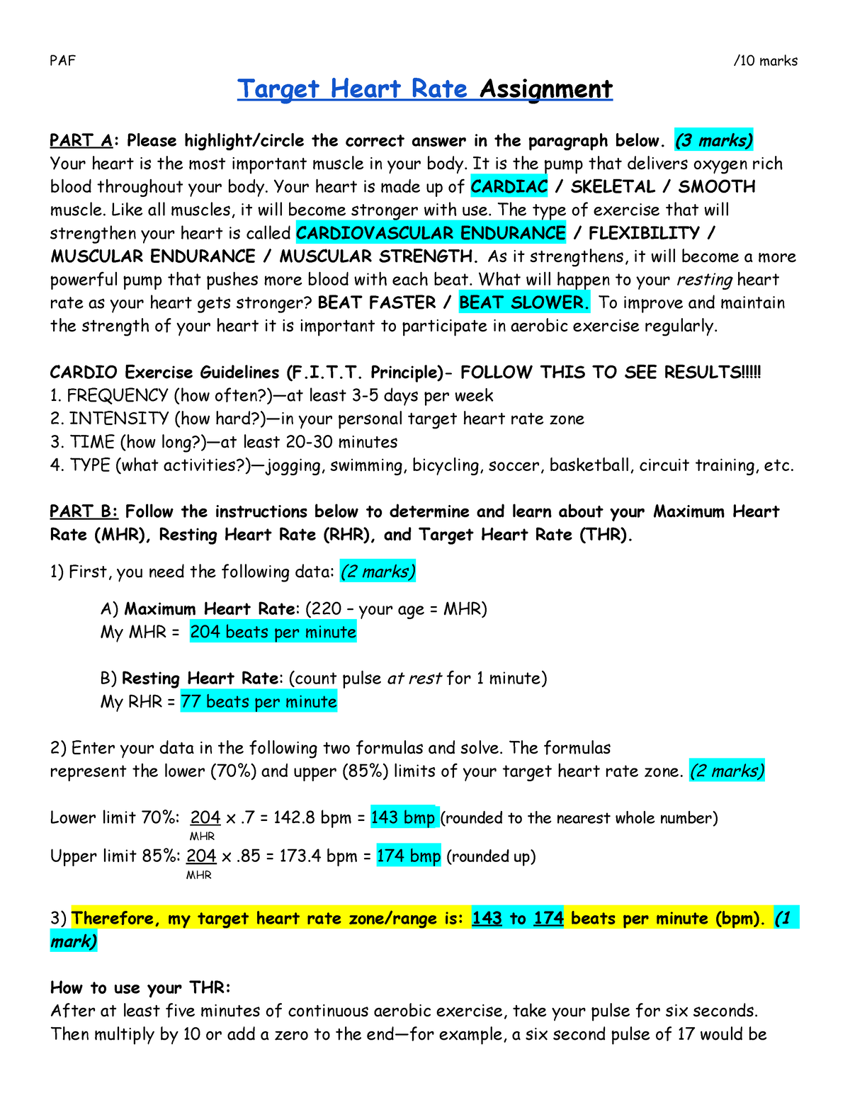 heart rate assignment answers