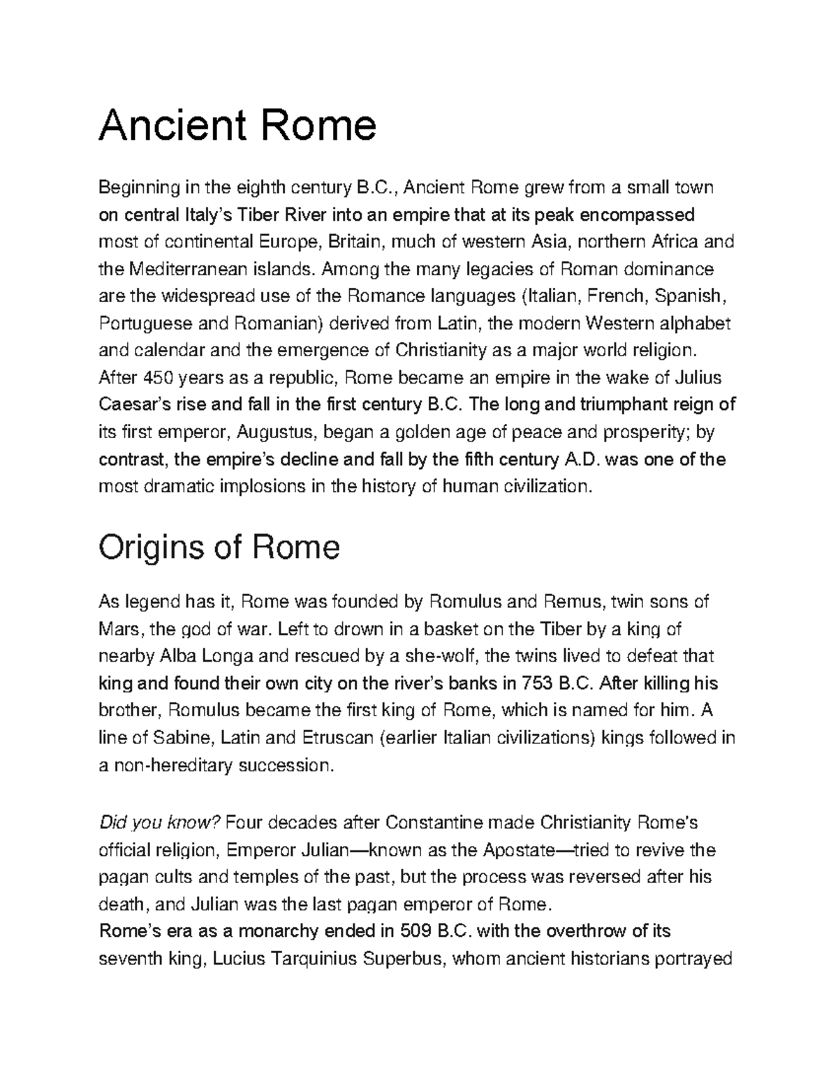 Ancient Rome Reading - Ancient Rome Beginning in the eighth century B ...