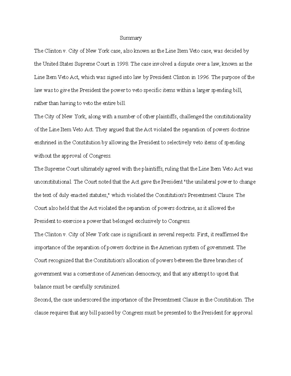 Clinton v City of New York Summary Summary The Clinton v. City of New