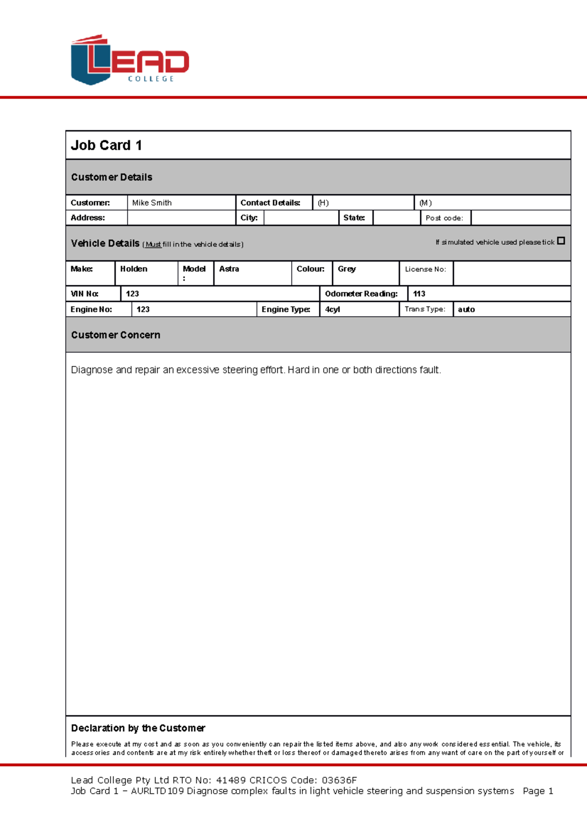 Job Card 1 (14) dddd Job Card 1 Customer Details Customer Mike