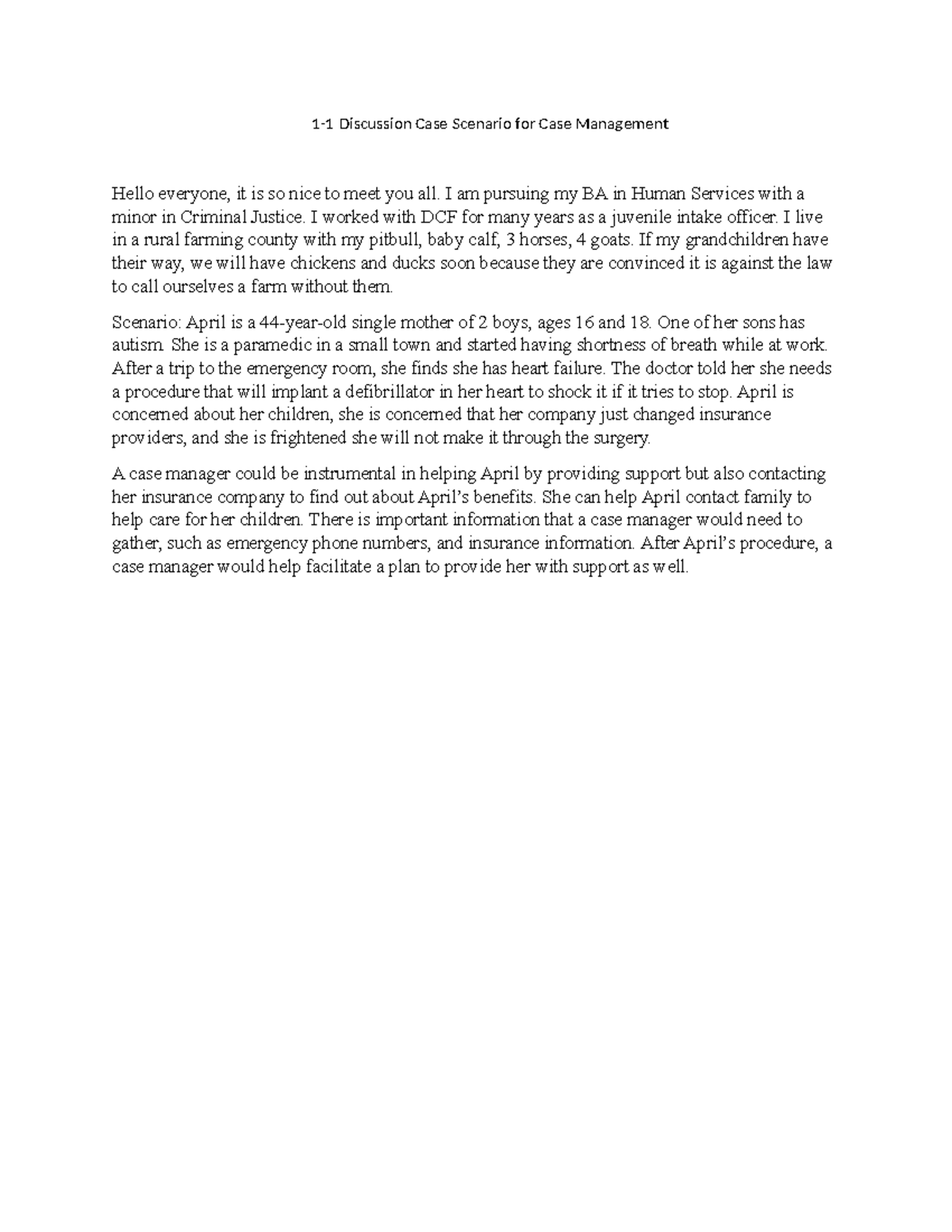 1-1 Discussion Case Scenario for Case Management - I am pursuing my BA ...