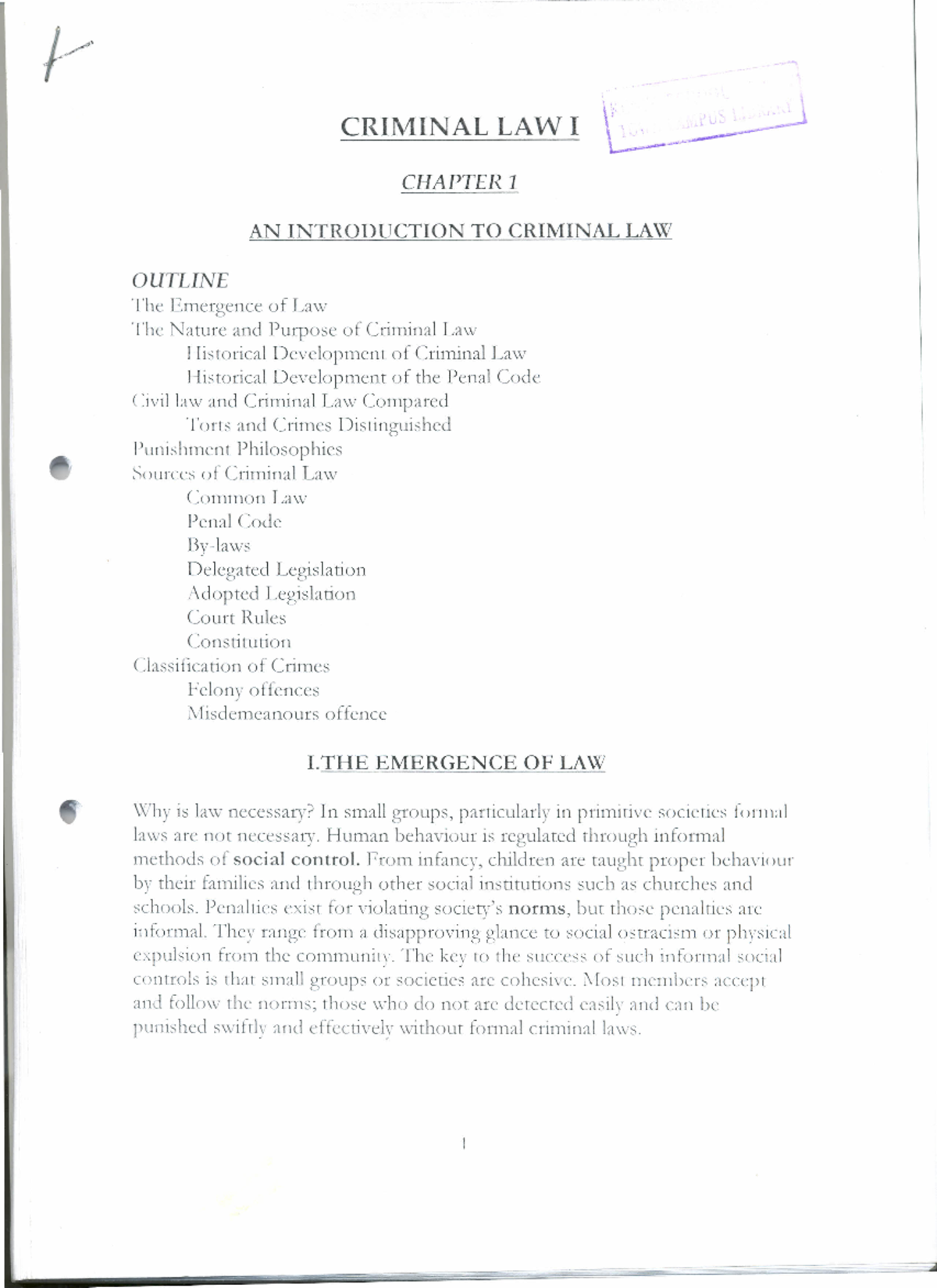 Criminal Law Notes ~ Criminal Law I V ~ Chapter 1 An