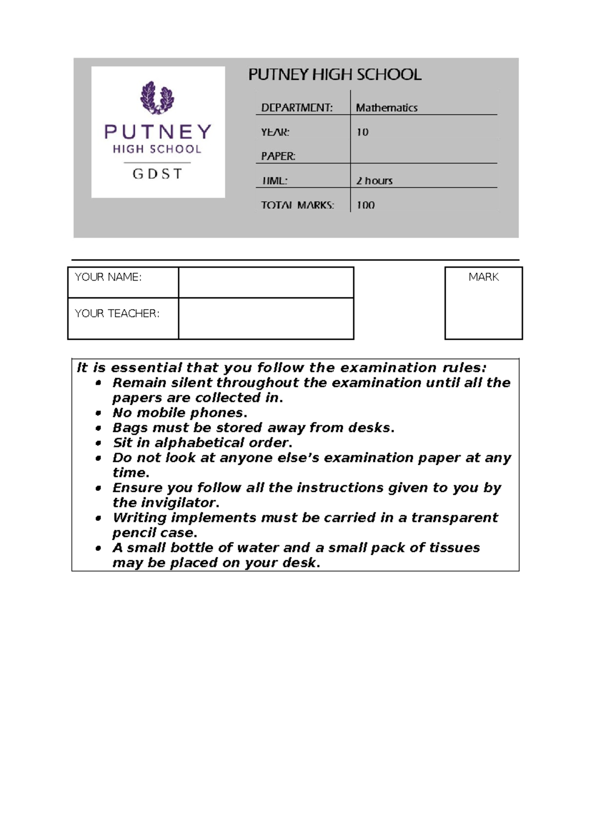 Y10 Eo Y Exam Past Paper copy - It is essential that you follow the ...