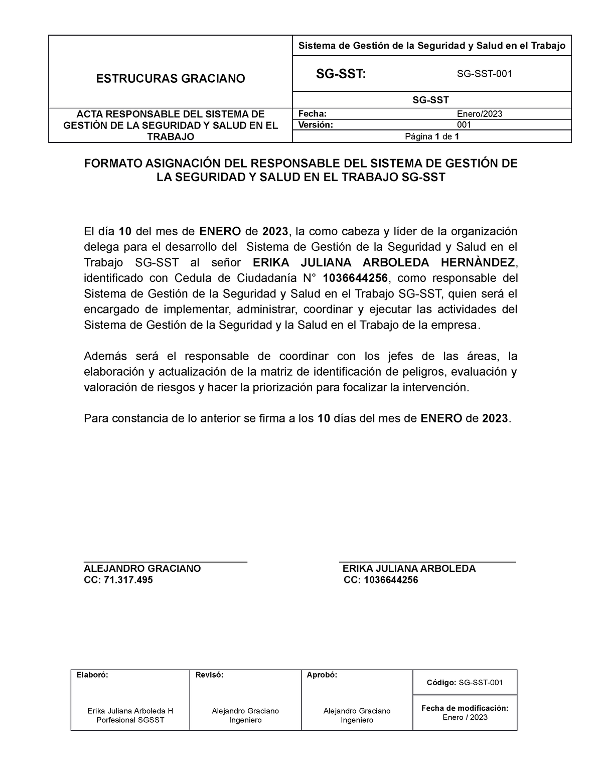 Ft Sst 001 Formato Asignación Responsable Del Sg Sst 2023 Estrucuras