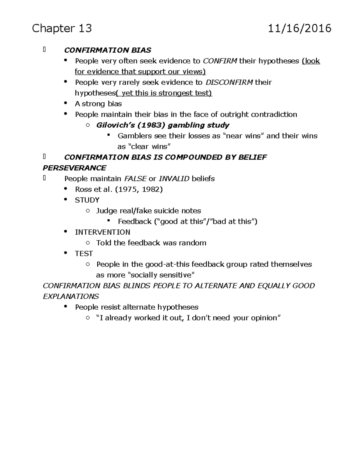 Chapter 13 - Lecture notes 13 - Chapter 13 11/16/ CONFIRMATION BIAS ...