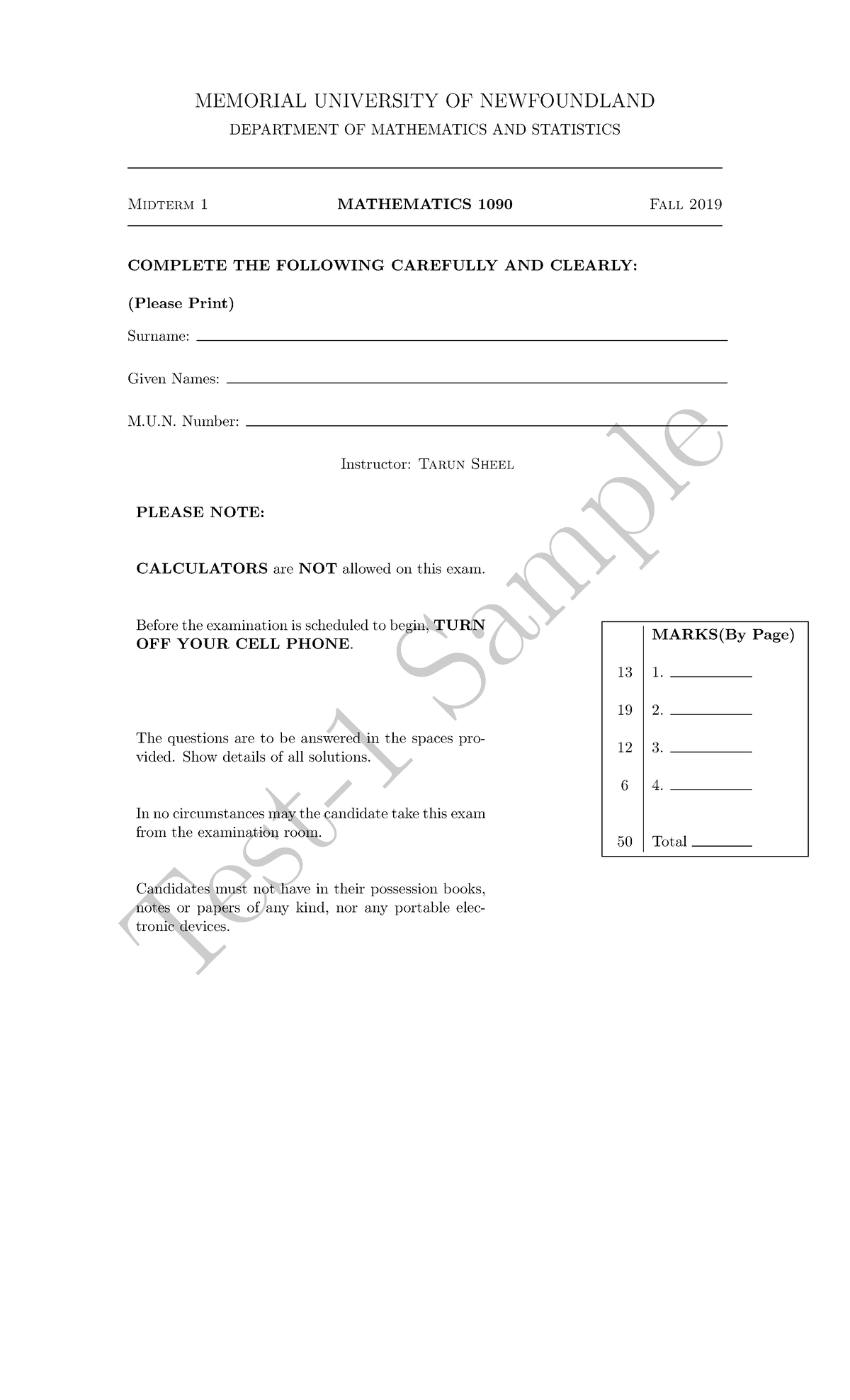 Math1090 Test1 sample Solutions - Test-1 Sample MEMORIAL UNIVERSITY OF ...