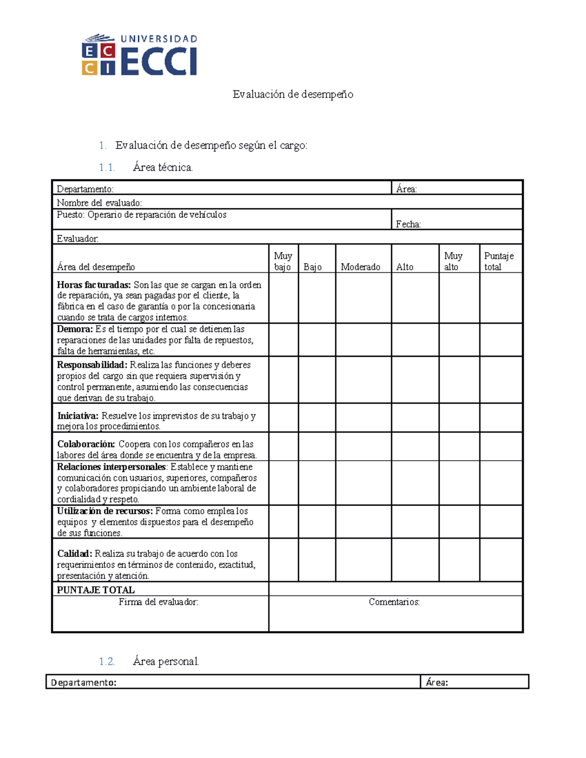 Evaluación de desempeño, formatos para áreas técnicas - Mecánica Automotriz  - ECCI - Studocu