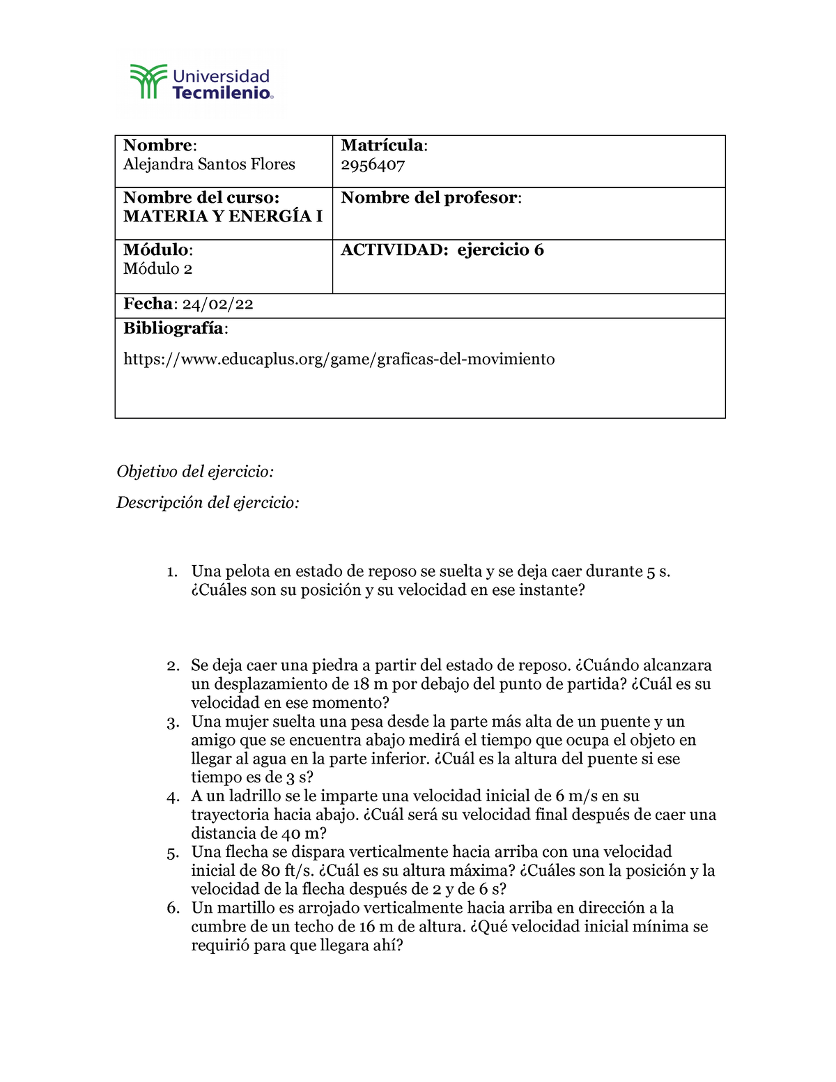 Ejercicio Obligatorionumero 6 Materia y Energia I Uiversidad Tecmilenio ...