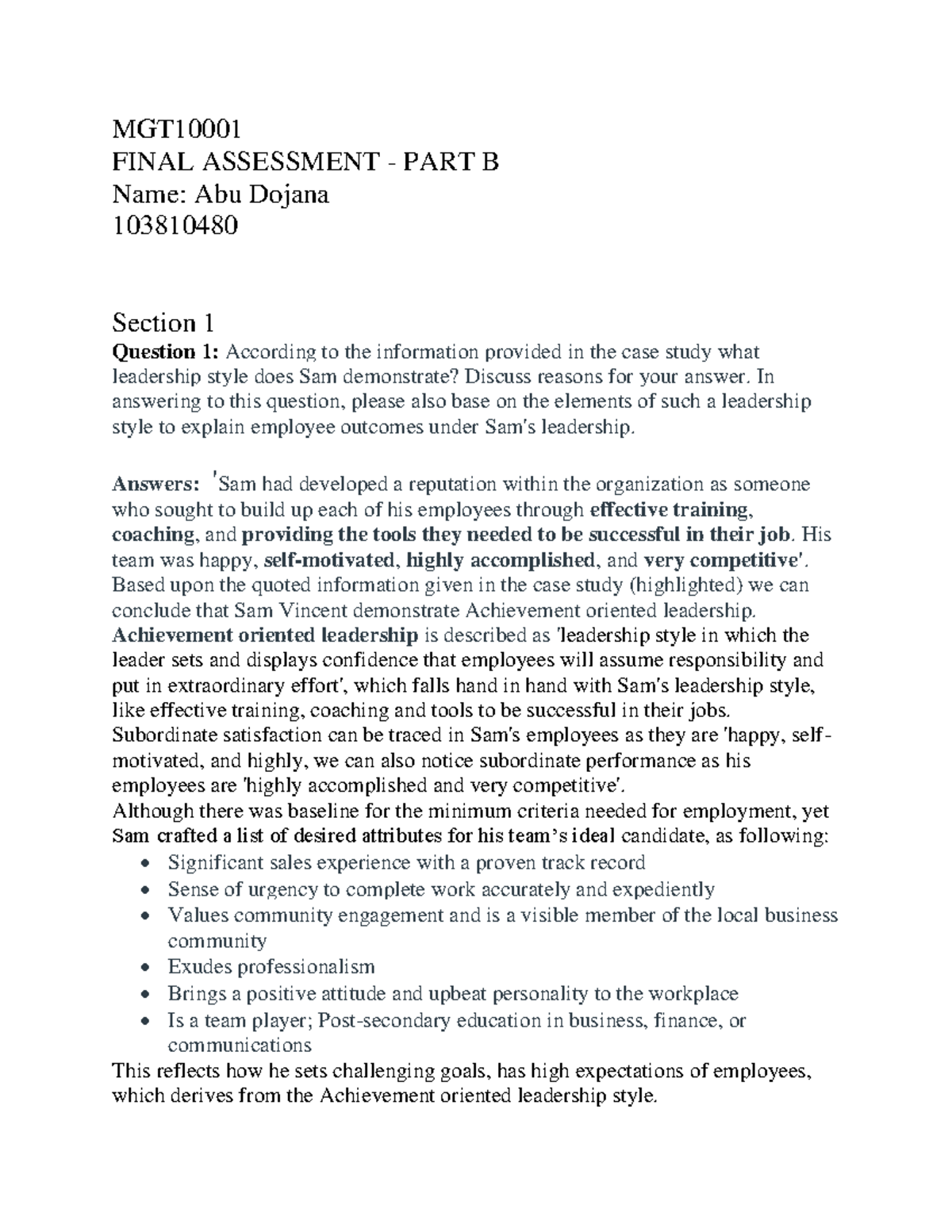 MGT10001 - Semester 2 - MGT FINAL ASSESSMENT - PART B Name: Abu Dojana ...