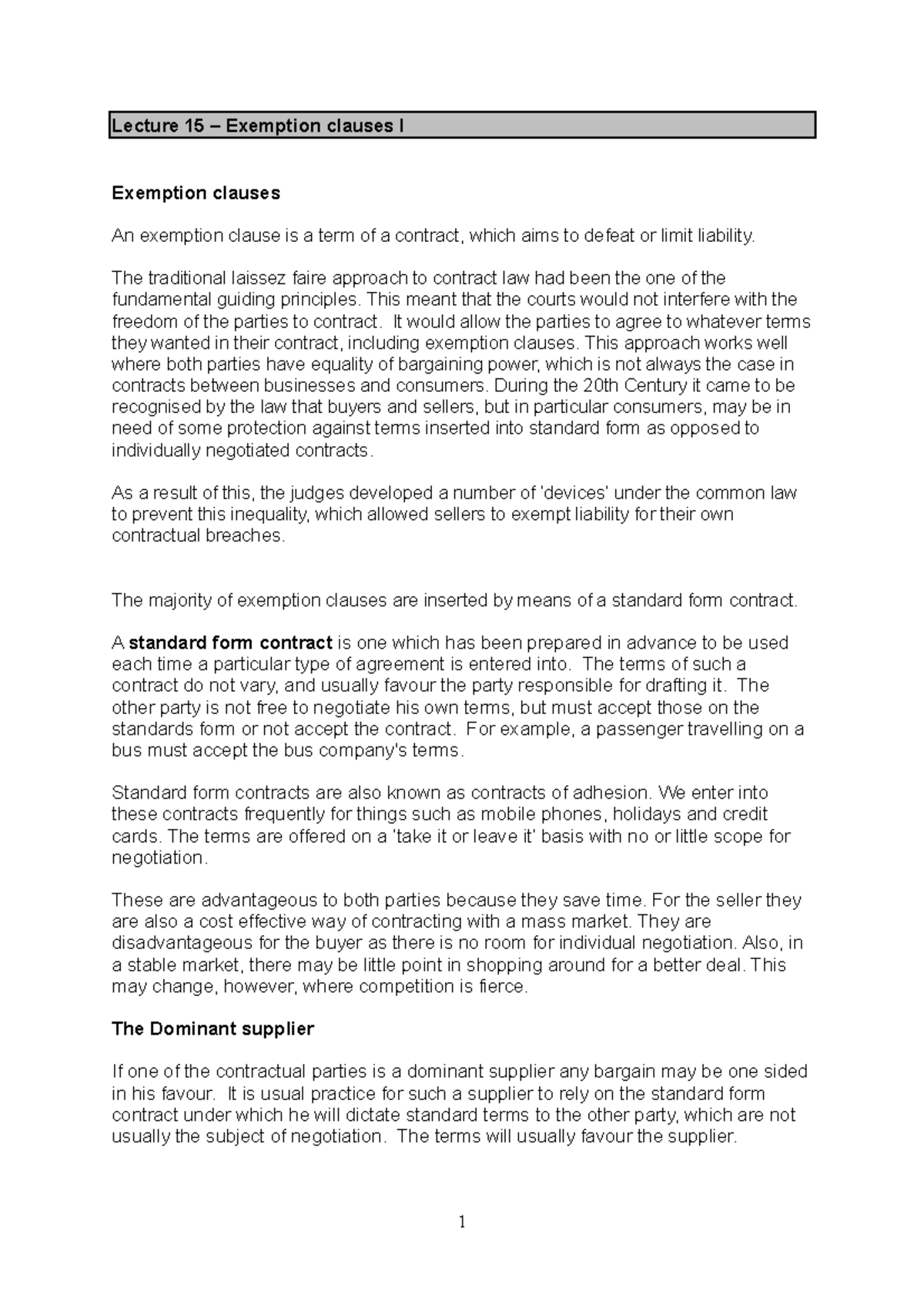 Lecture 15 notes - exemption clauses I - Lecture 15 – Exemption clauses ...
