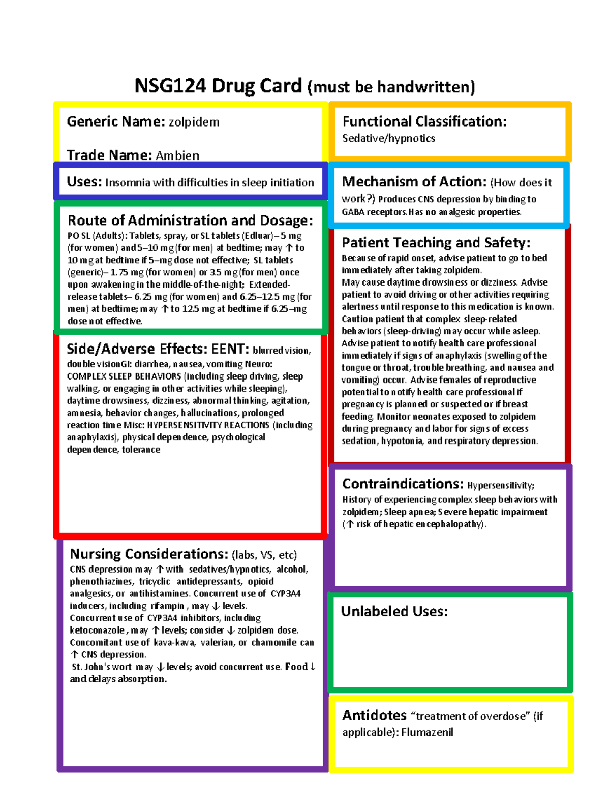 Zolpidem Drug Card - Drug Card - NSG124 Drug Card (must Be Handwritten ...