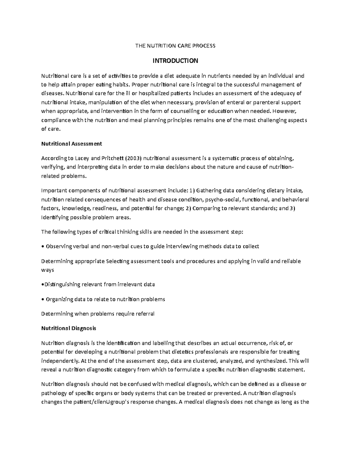THE Nutrition Care Process THE NUTRITION CARE PROCESS INTRODUCTION
