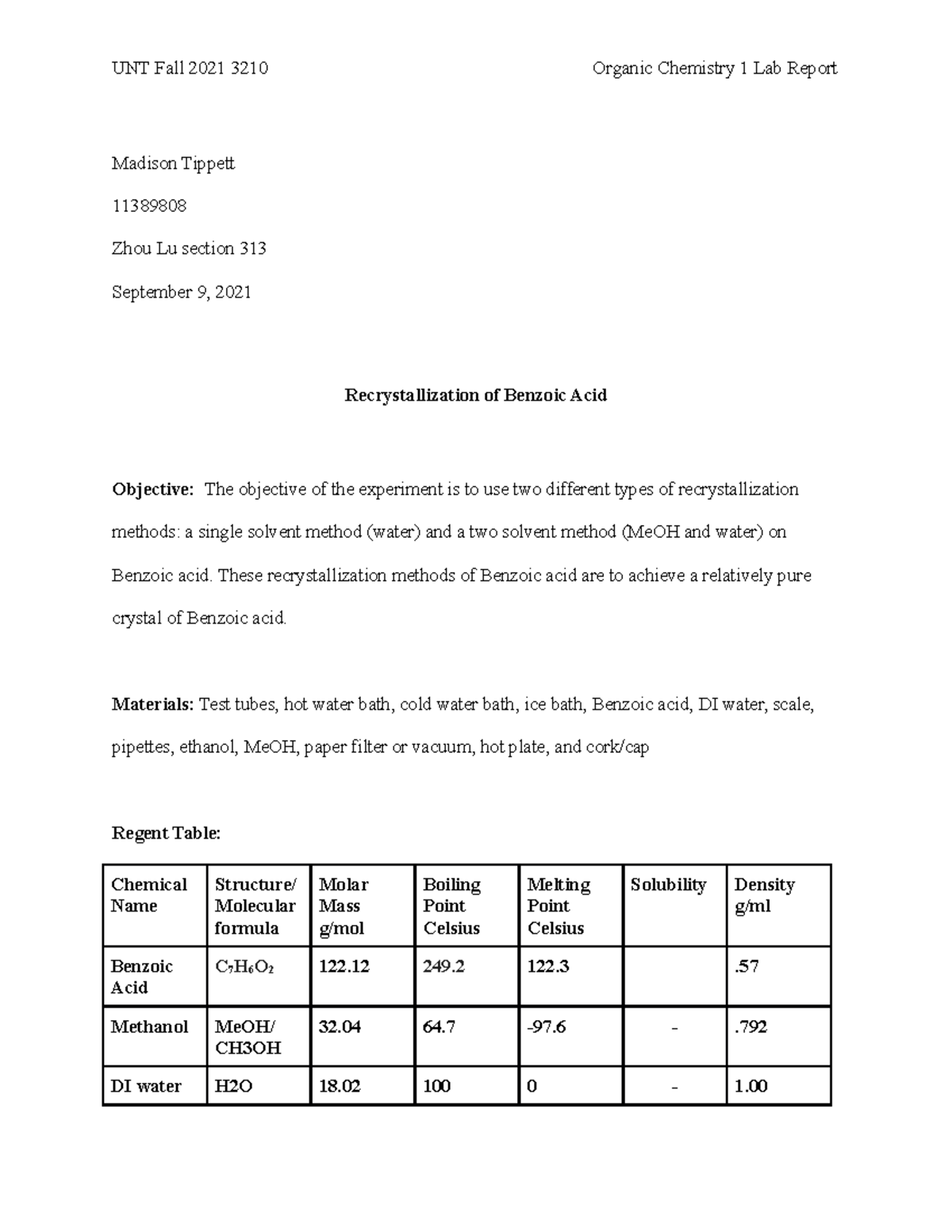 Recrystallization Lab report (Madison Tippett) - Madison Tippett ...