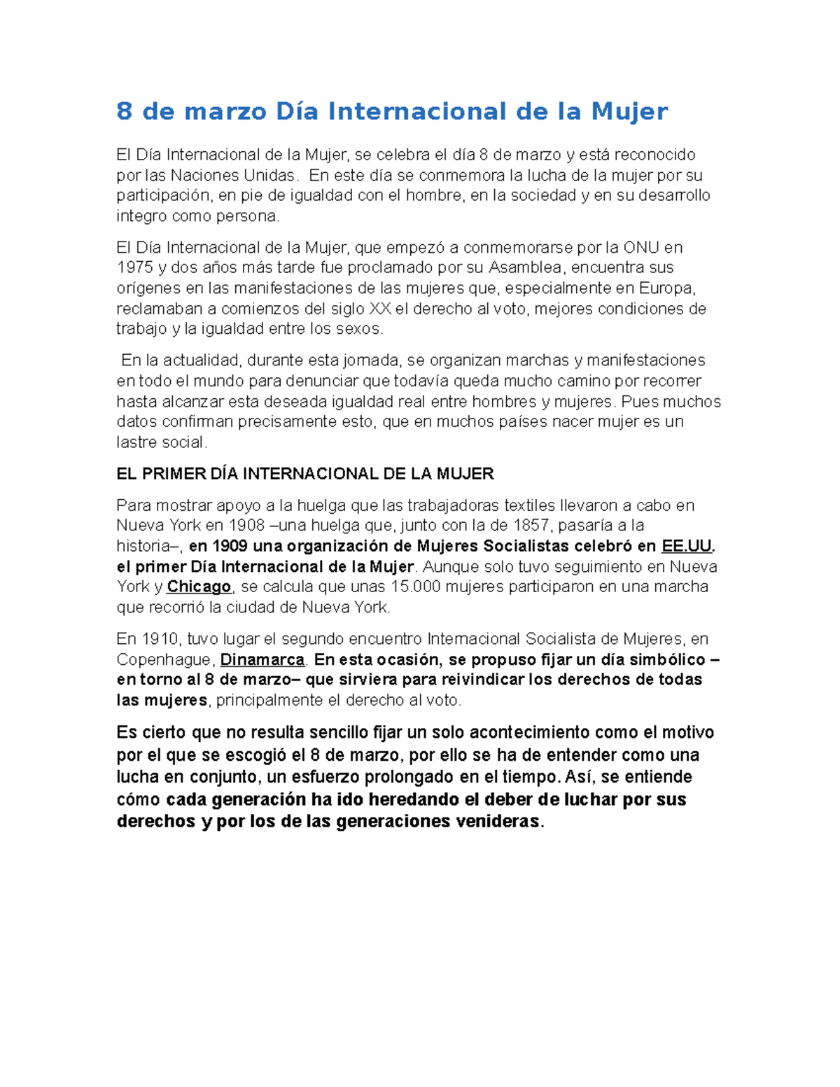 8 de marzo Día Internacional de la Mujer - En este día se conmemora la ...