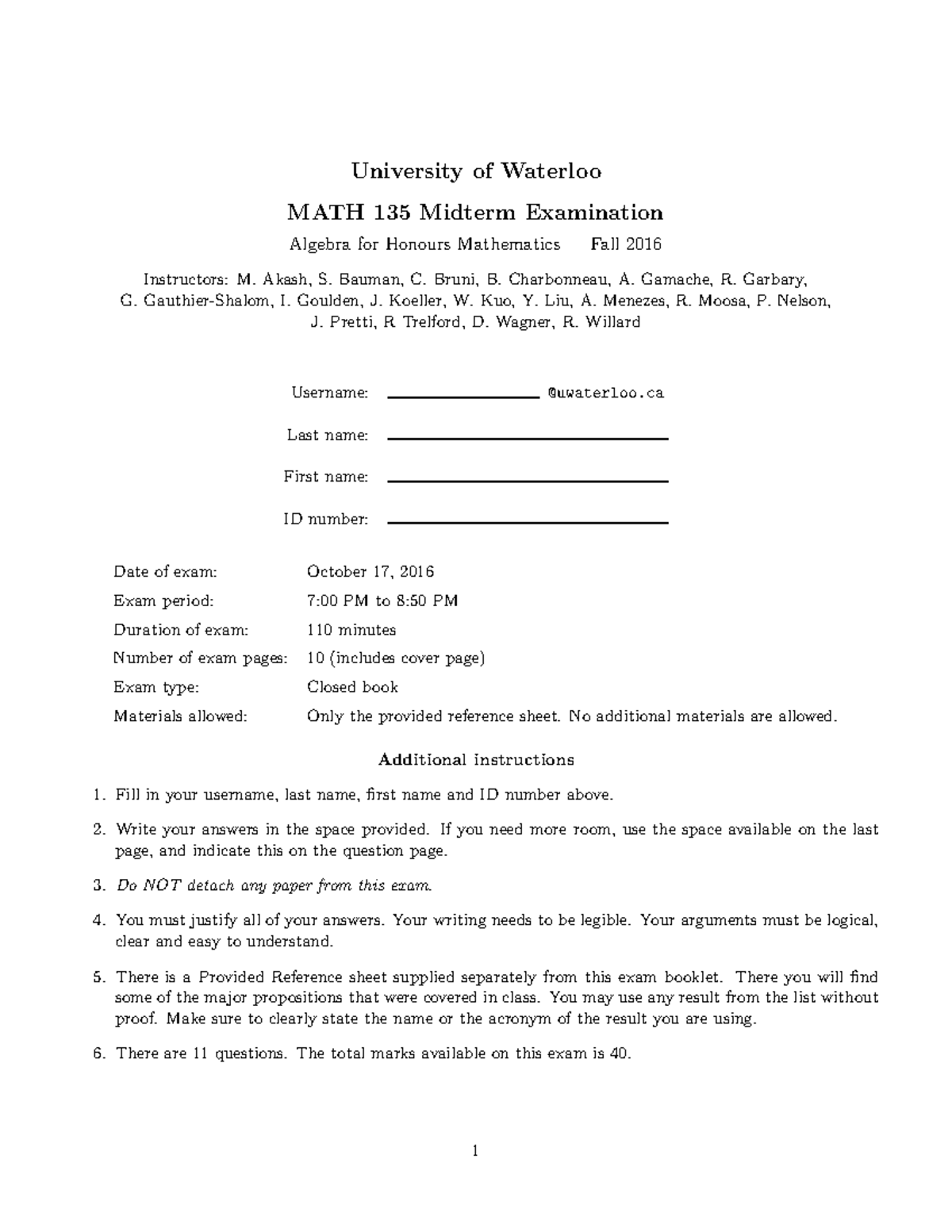 Midterm 2016, questions - University of Waterloo MATH 135 Midterm ...