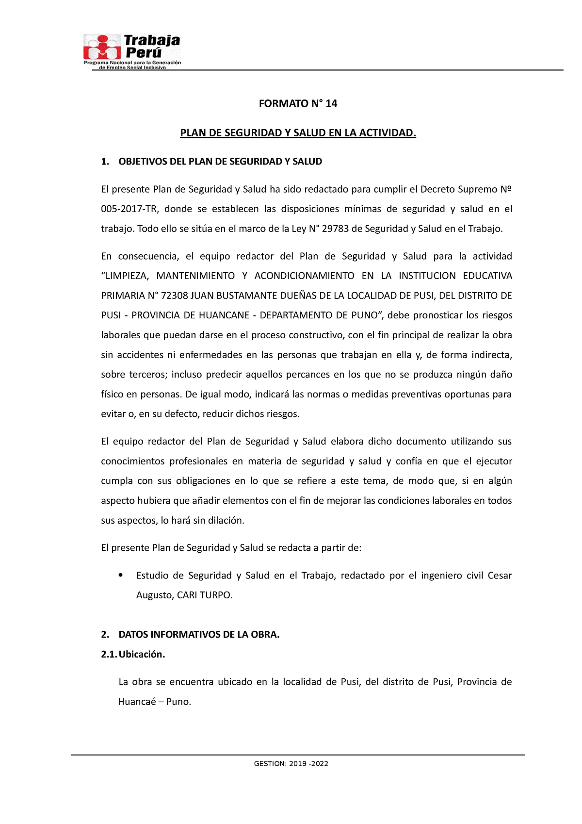 Plan De Seguridad Y Salud Formato N° 14 Plan De Seguridad Y Salud En