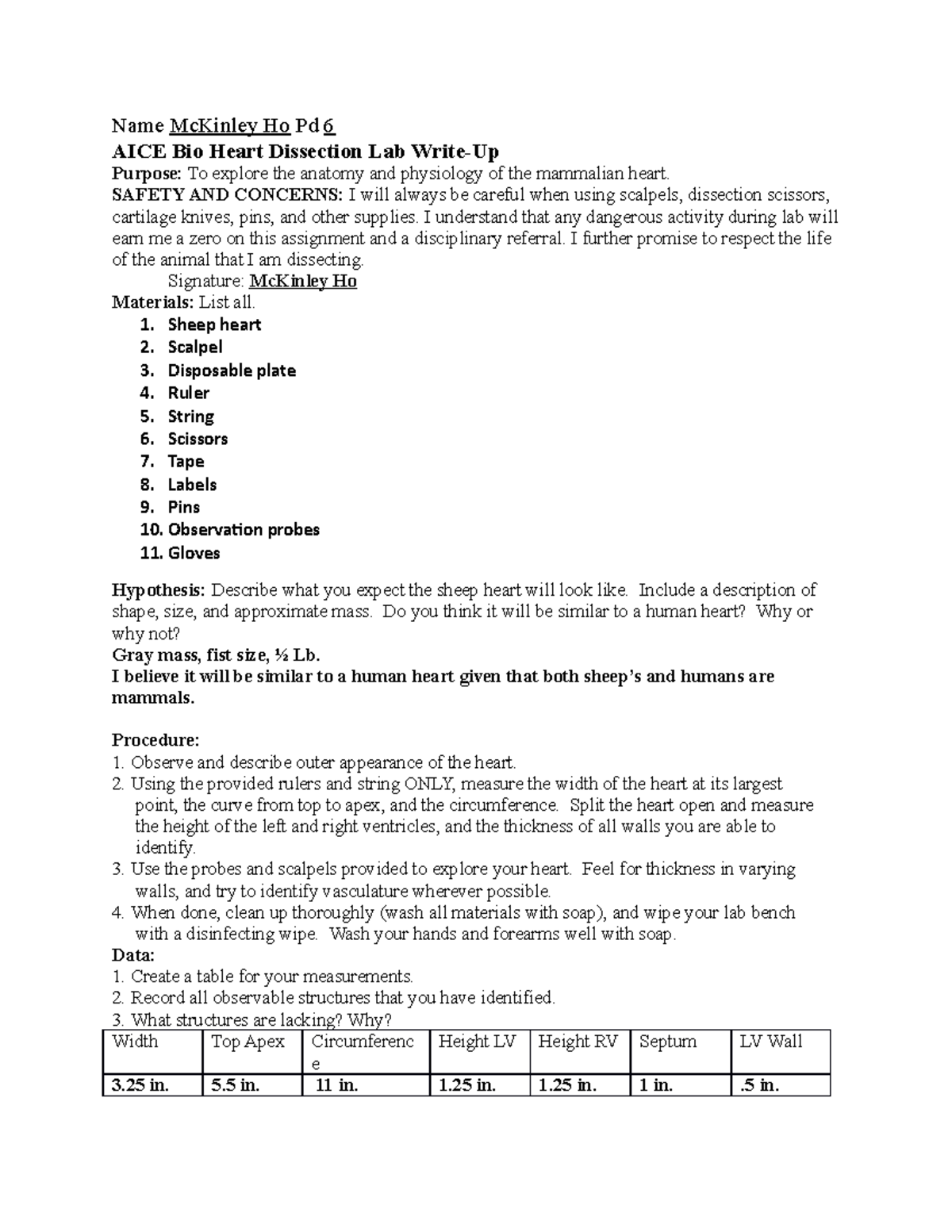 Aice bio heart dissection lab write Name McKinley Ho Pd 6 AICE Bio