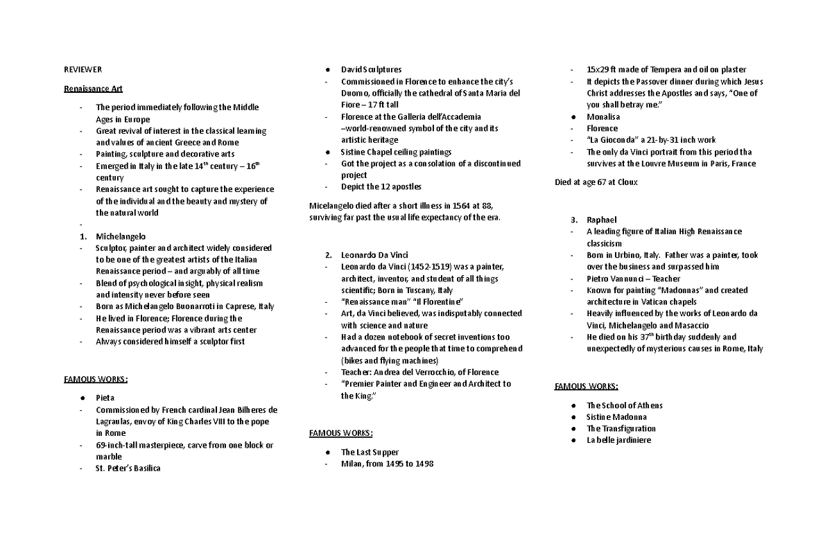 History of Arts Summary Lecture Reviewer - REVIEWER Renaissance Art The ...