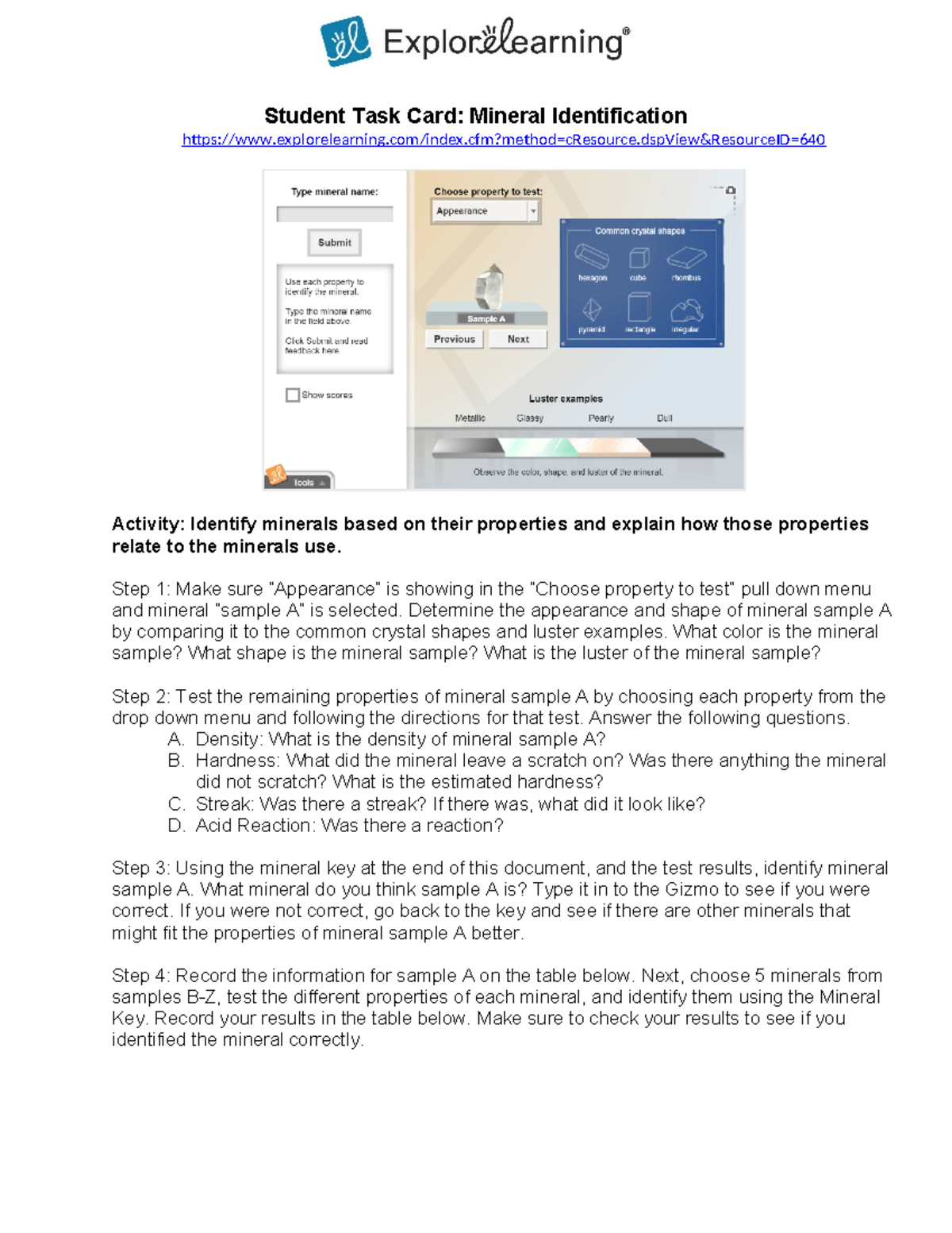 Mineral Key - hope you enjoy - Student Task Card: Mineral ...