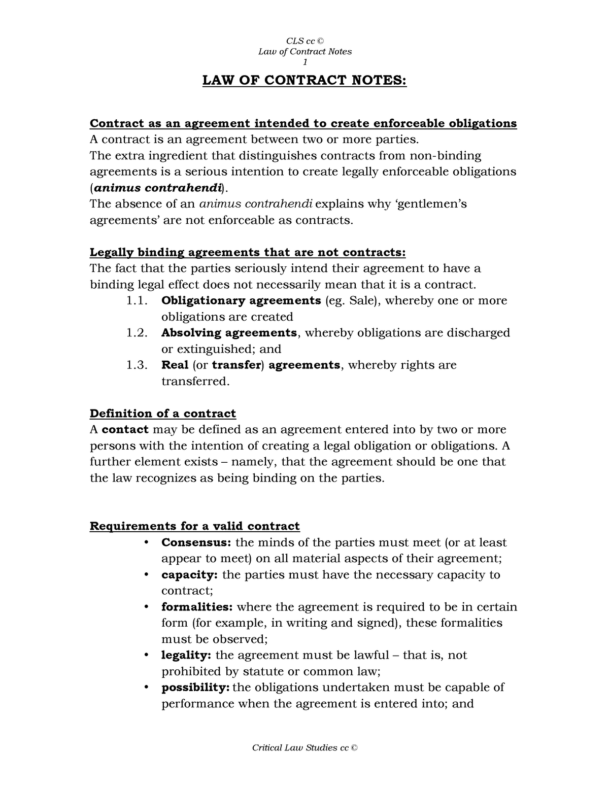 Contract Notes Final '13 (2) - Law Of Contract Notes 1 LAW OF CONTRACT ...