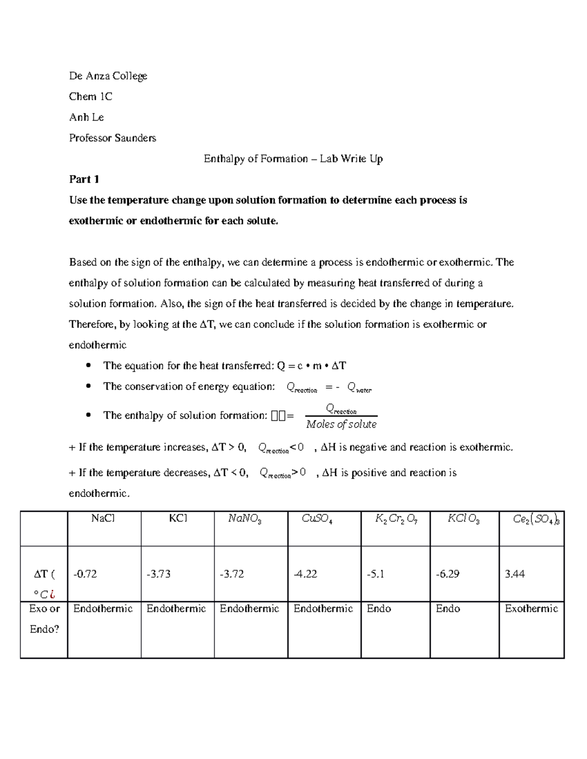 Anh Le Chem1C Lab Write Up 2 De Anza College Chem 1C Anh Le Professor