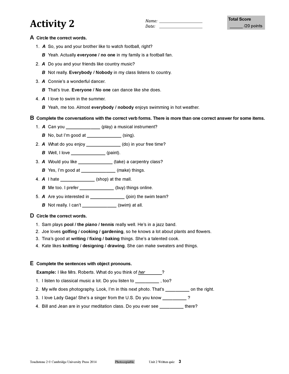 Activity 2 - ingles - Activity 2 Name: __________________________ Total ...