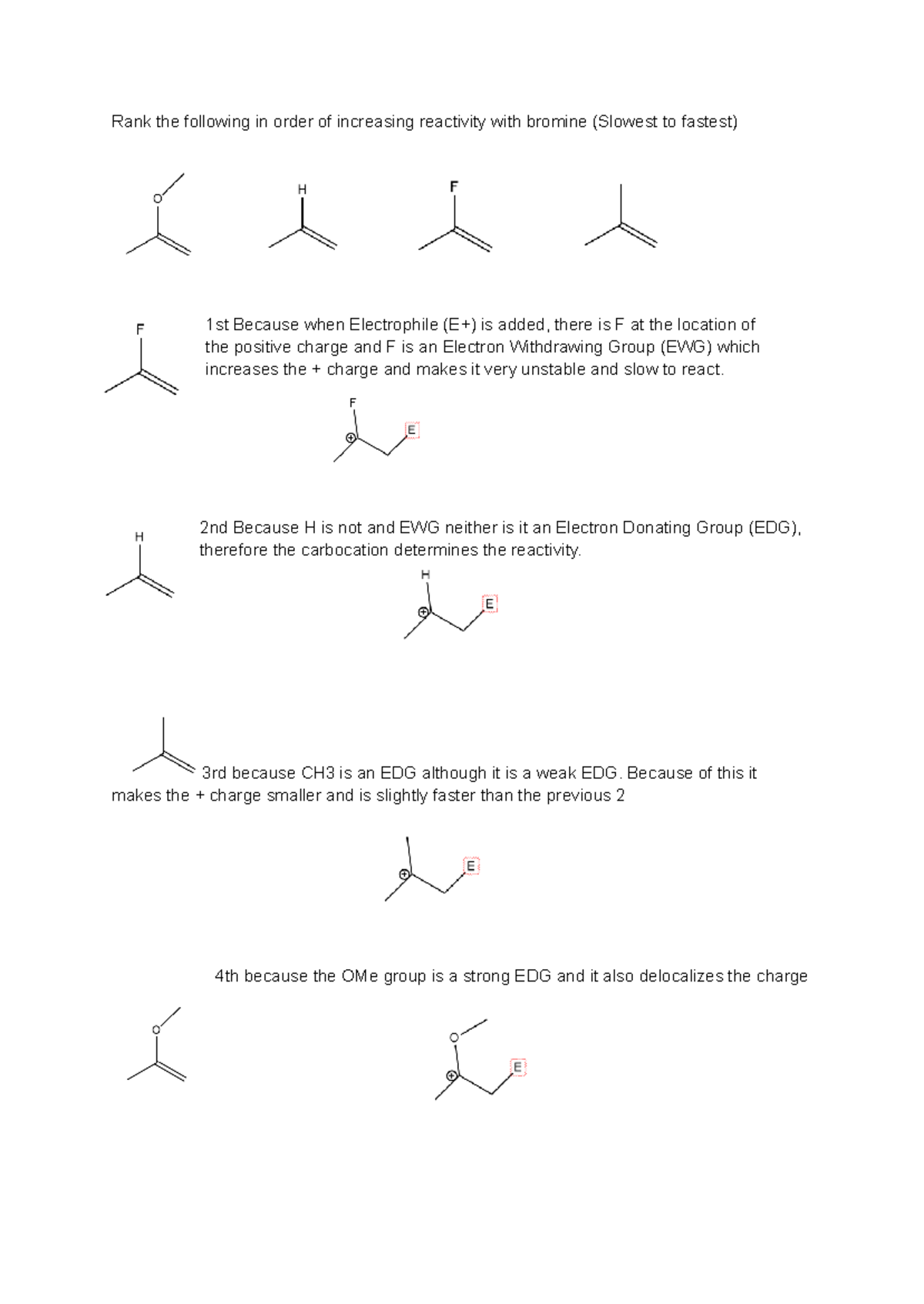 Rank the following in order of increasing reactivity with bromine ...