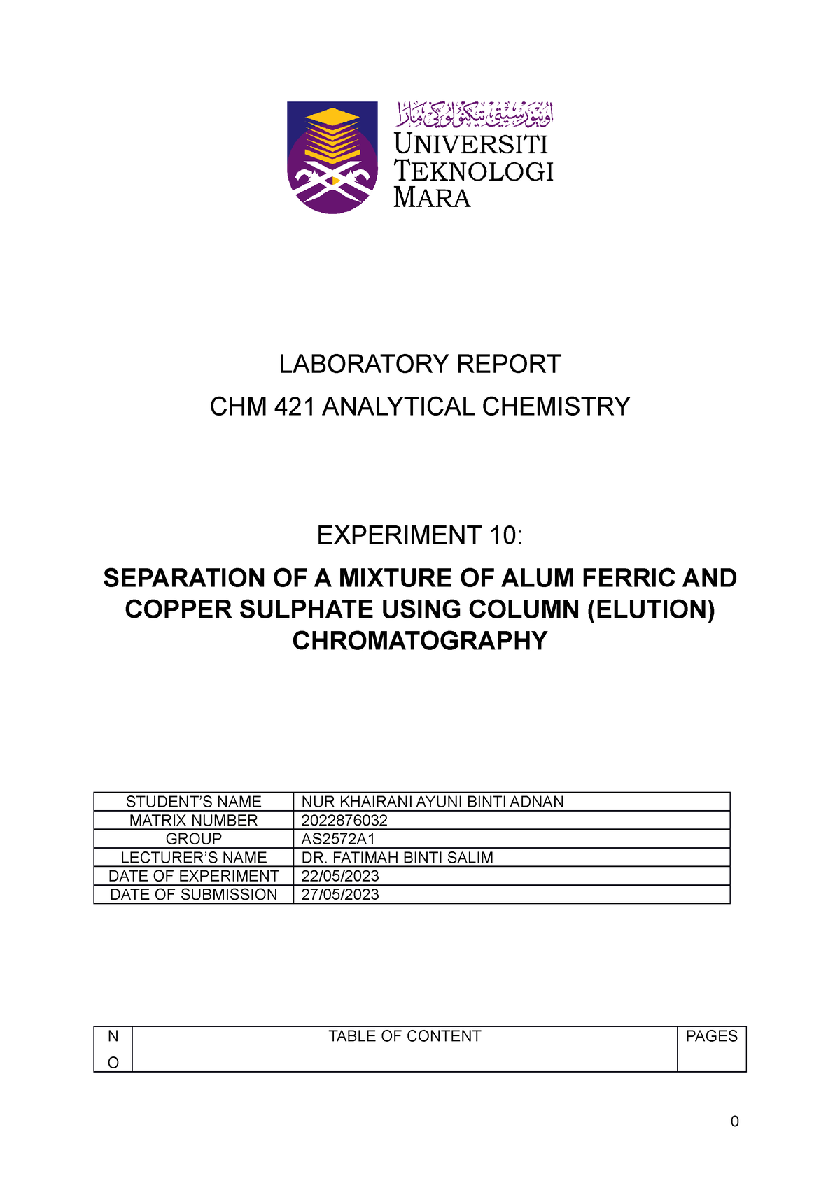 Lab Report 10 Chm421 - Analytical Chemistry - UiTM - Studocu