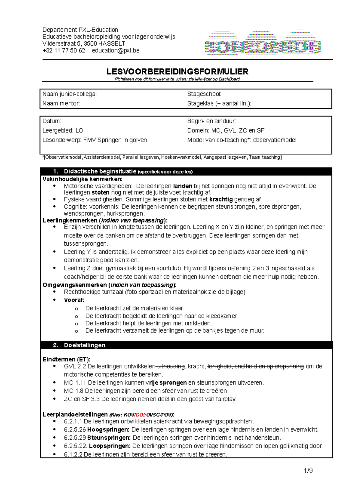 2324 - Lesvoorbereidingsformulier - LO - ingevuld - Departement PXL ...