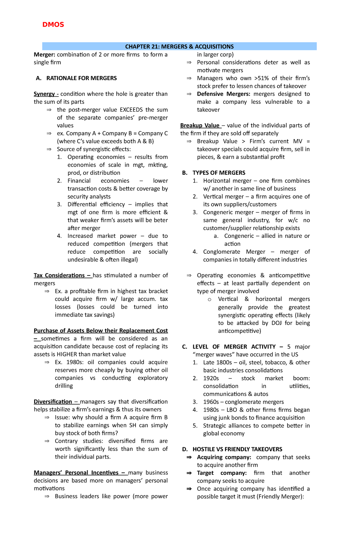 Chapter 19 - Multinationals - CHAPTER 21: MERGERS & ACQUISITIONS Merger ...